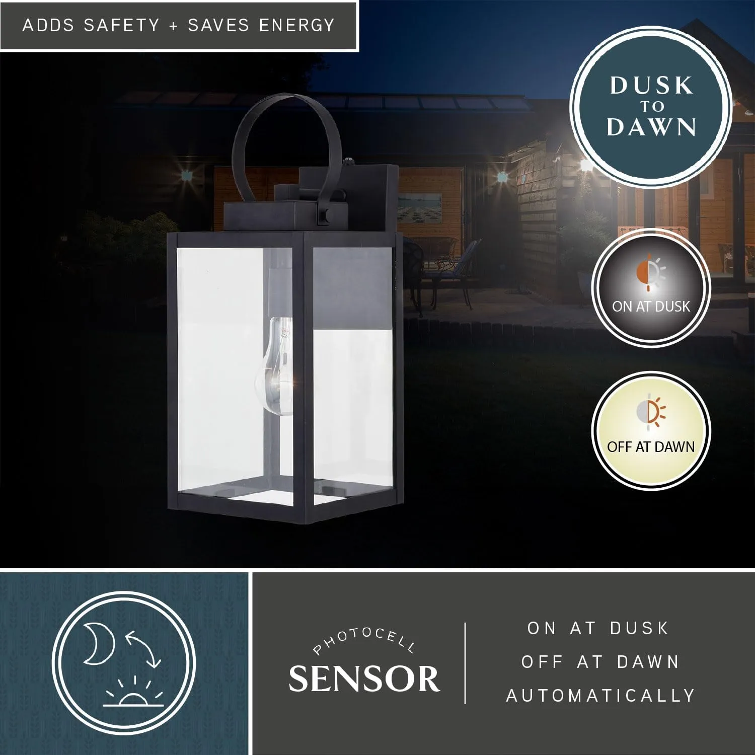 VAXCEL Medinah 7-in. W 1 Light Dusk to Dawn Black Outdoor Wall Lantern Clear Glass