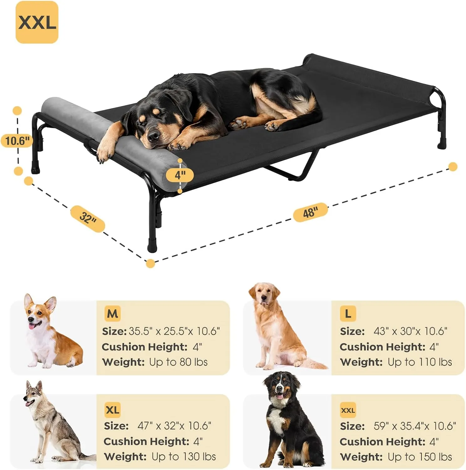 Veehoo Large Elevated Dog Bed, Outdoor Raised Dog Cot Hammock Bed with One-Sided Removable Headrest Bolster, Cooling Breathable Washable Teslin Mesh, Off Ground, Anti-Slip, XXL, CWC2204BCP
