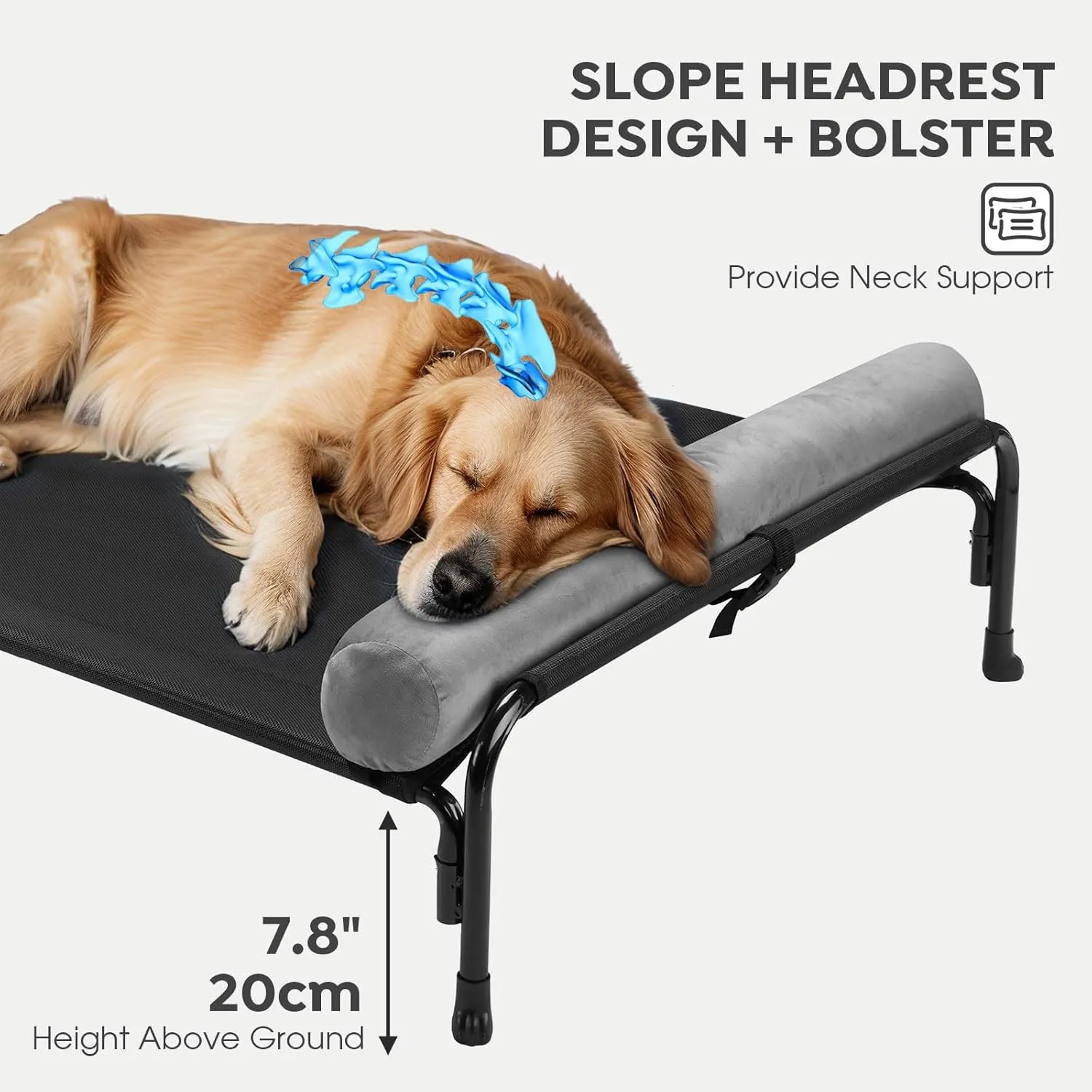 Veehoo Large Elevated Dog Bed, Outdoor Raised Dog Cot Hammock Bed with One-Sided Removable Headrest Bolster, Cooling Breathable Washable Teslin Mesh, Off Ground, Anti-Slip, XXL, CWC2204BCP