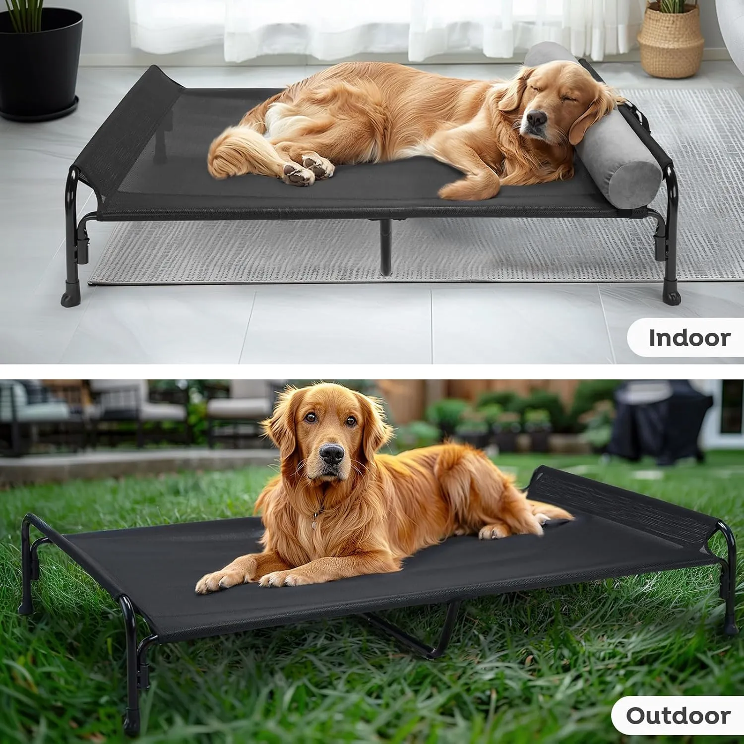 Veehoo Large Elevated Dog Bed, Outdoor Raised Dog Cot Hammock Bed with One-Sided Removable Headrest Bolster, Cooling Breathable Washable Teslin Mesh, Off Ground, Anti-Slip, XXL, CWC2204BCP