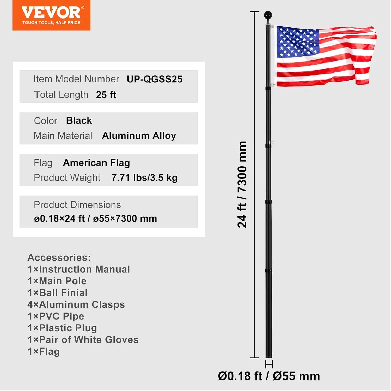 VEVOR 25FT Telescoping Flag Pole Kit, Heavy Duty Aluminum Alloy in Ground Flag Poles for Outside, 3 Display Modes Flagpole with 3x5 American Flag, Professional Accessories, Black