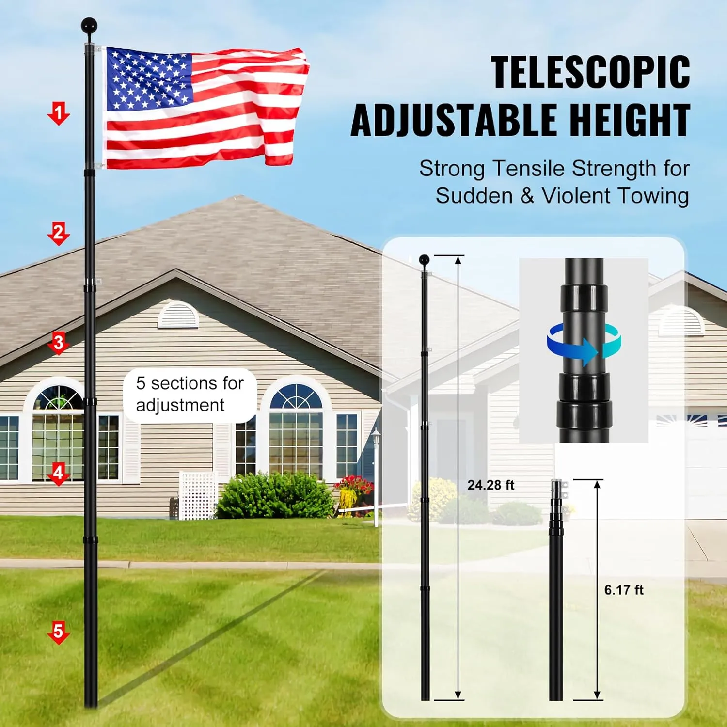 VEVOR 25FT Telescoping Flag Pole Kit, Heavy Duty Aluminum Alloy in Ground Flag Poles for Outside, 3 Display Modes Flagpole with 3x5 American Flag, Professional Accessories, Black
