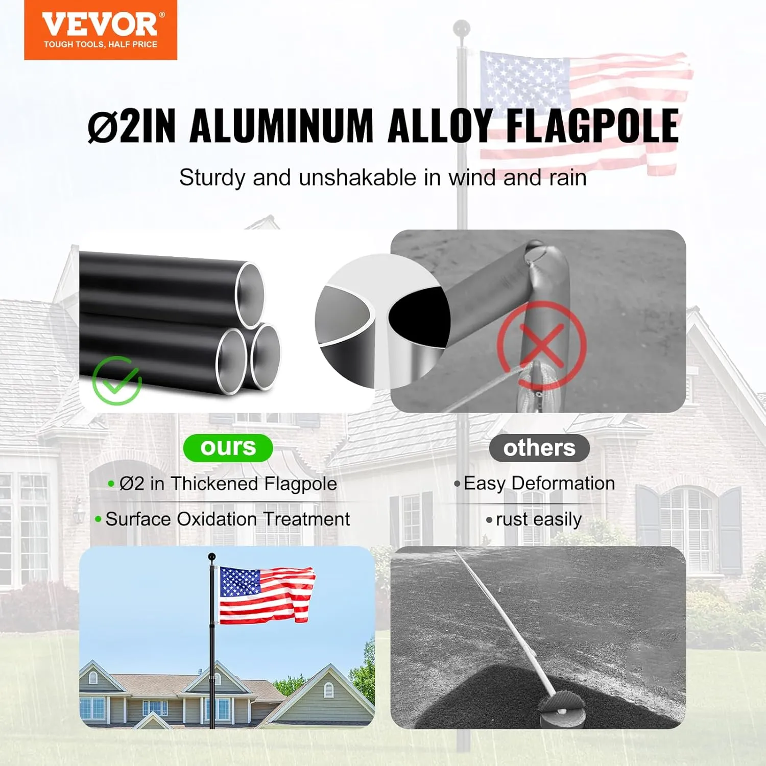VEVOR 25FT Telescoping Flag Pole Kit, Heavy Duty Aluminum Alloy in Ground Flag Poles for Outside, 3 Display Modes Flagpole with 3x5 American Flag, Professional Accessories, Black