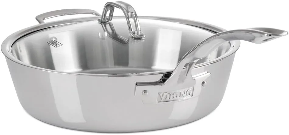 Viking 3-Ply Deep Frying Pan with Glass Lid, 4.8 Quart Stainless Steel Saute Cooking Pot, Dishwasher and Oven Safe, Induction Ready, Silver