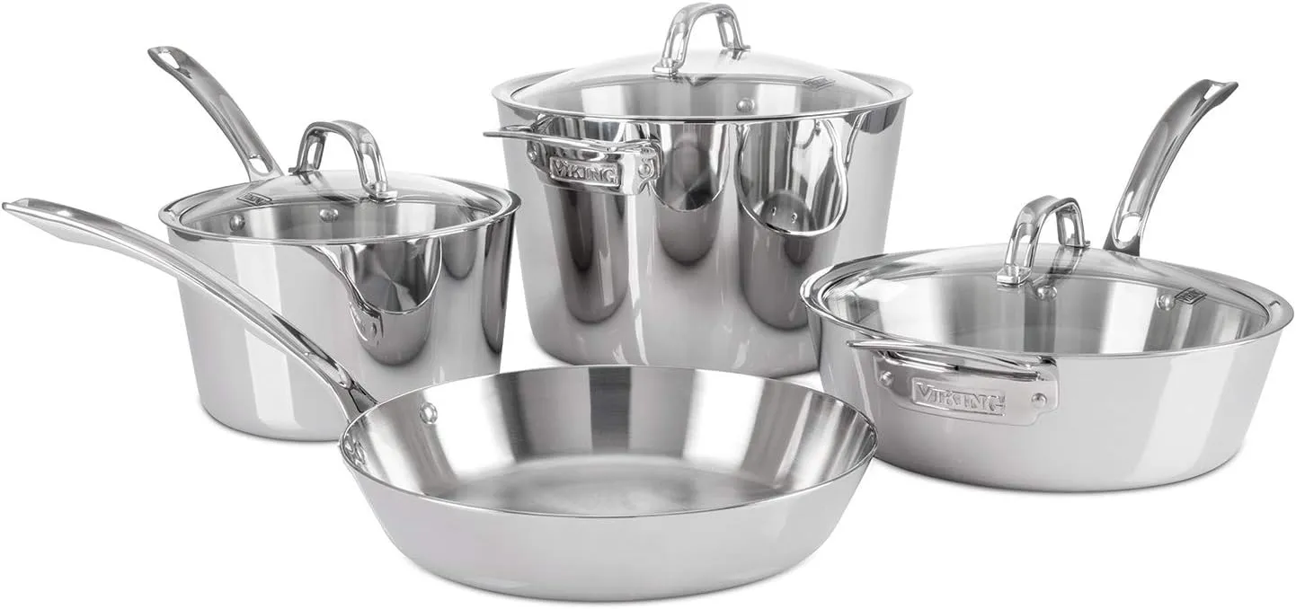 Viking 3-Ply Pots and Pans Set, 7 Piece Stainless Steel Kitchen Cookware, Silver