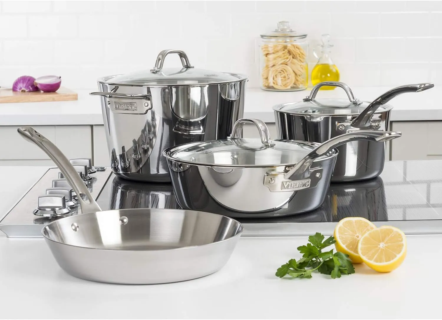 Viking 3-Ply Pots and Pans Set, 7 Piece Stainless Steel Kitchen Cookware, Silver