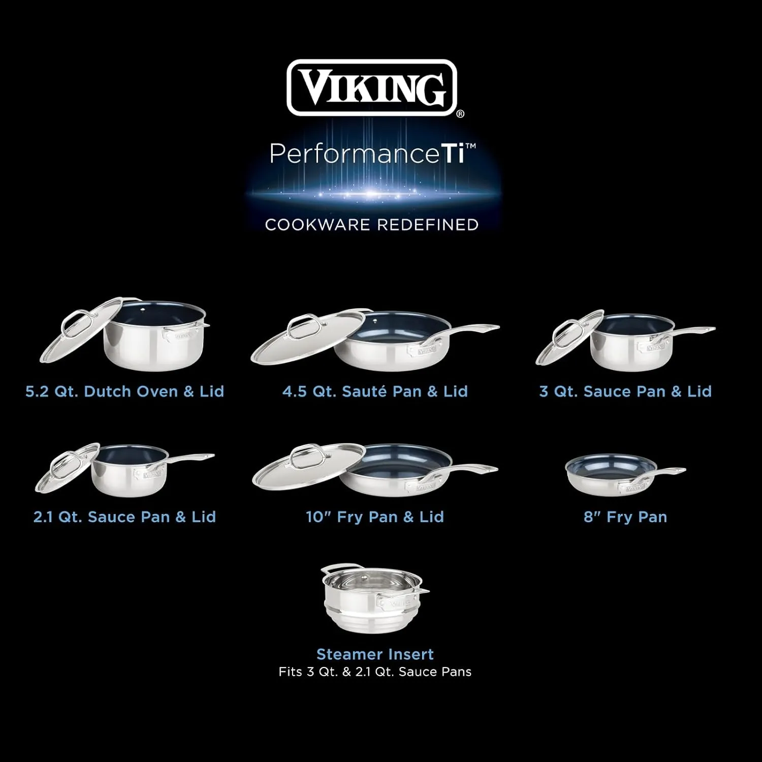 Viking 4 Ply Pots and Pans Set, 12 Piece Laser Clad Titanium Performance Ti Kitchen Cookware, Blue/SIlver