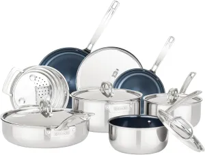 Viking 4 Ply Pots and Pans Set, 12 Piece Laser Clad Titanium Performance Ti Kitchen Cookware, Blue/SIlver