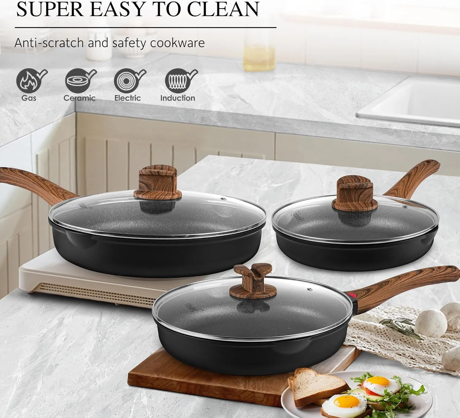 Vinchef 12.5" Non Stick Frying Pans, Skillet with Lid Used for All Stoves, Induction Non Toxic Cookware, Cooking Pans Nonstick Capable of Kitchen