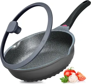 Vinchef Nonstick Skillet with Lid, 11In/5Qt Aluminum Deep Frying/Saute Pan with Lid and Heat Indicator, Anti Scratch and Anti Stain, Induction Compatible