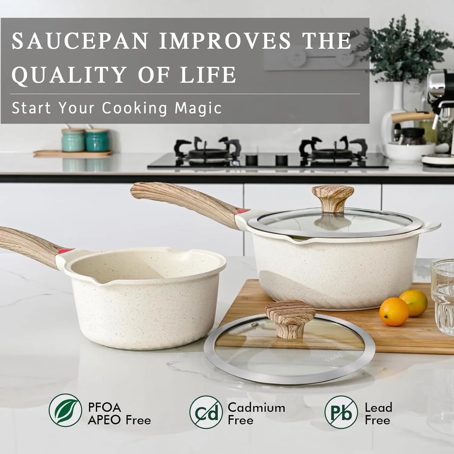 VINCHEF Nonstick Stockpot With Lid 4 Quart, Large Saucepan with Stay Cool Handle, Deep Kitchen Cooking Pot Induction Stock Pots, Dishwasher Safe, Compatible for All Stove Top, PFAS/PFOA Free White