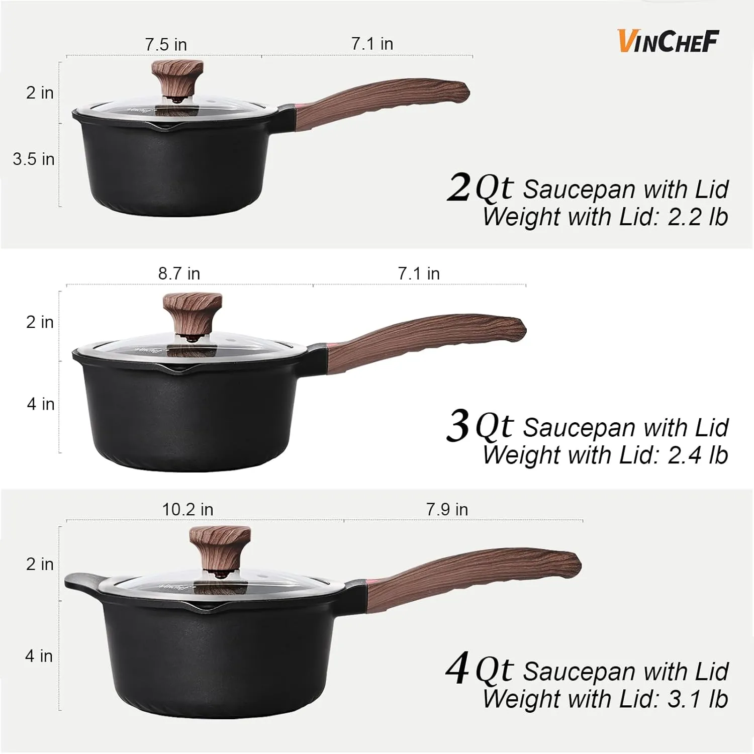 VINCHEF Sauce Pan Set with Lid 10PCS, 2QT 3QT 4QT Non Stick Sauce Pots Cooking Induction Pot set, Silicone Tools and Pot Protectors, PFAS and PFOA Free Black