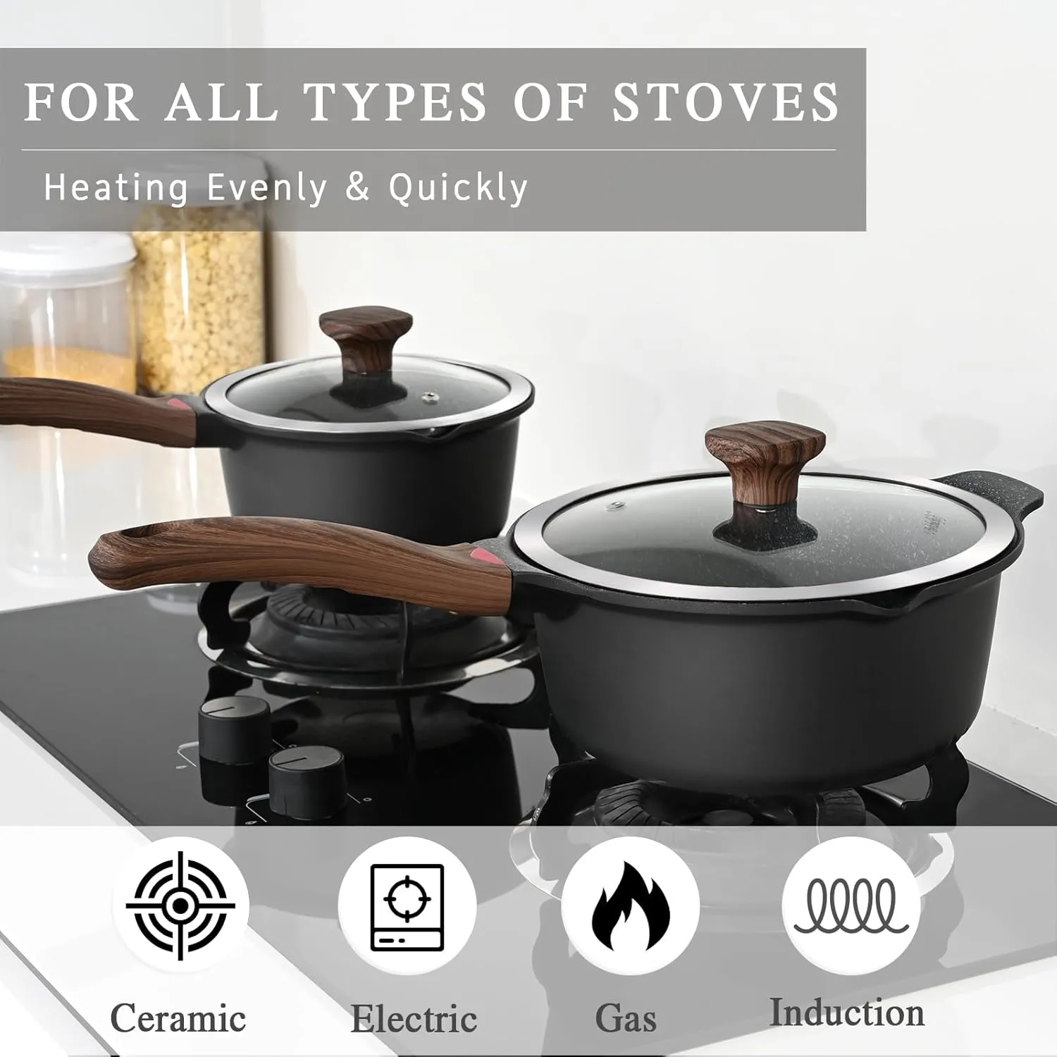 VINCHEF Sauce Pan Set with Lid 10PCS, 2QT 3QT 4QT Non Stick Sauce Pots Cooking Induction Pot set, Silicone Tools and Pot Protectors, PFAS and PFOA Free Black