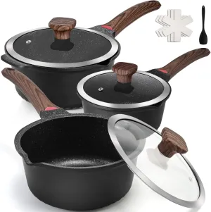 VINCHEF Sauce Pan Set with Lid 10PCS, 2QT 3QT 4QT Non Stick Sauce Pots Cooking Induction Pot set, Silicone Tools and Pot Protectors, PFAS and PFOA Free Black