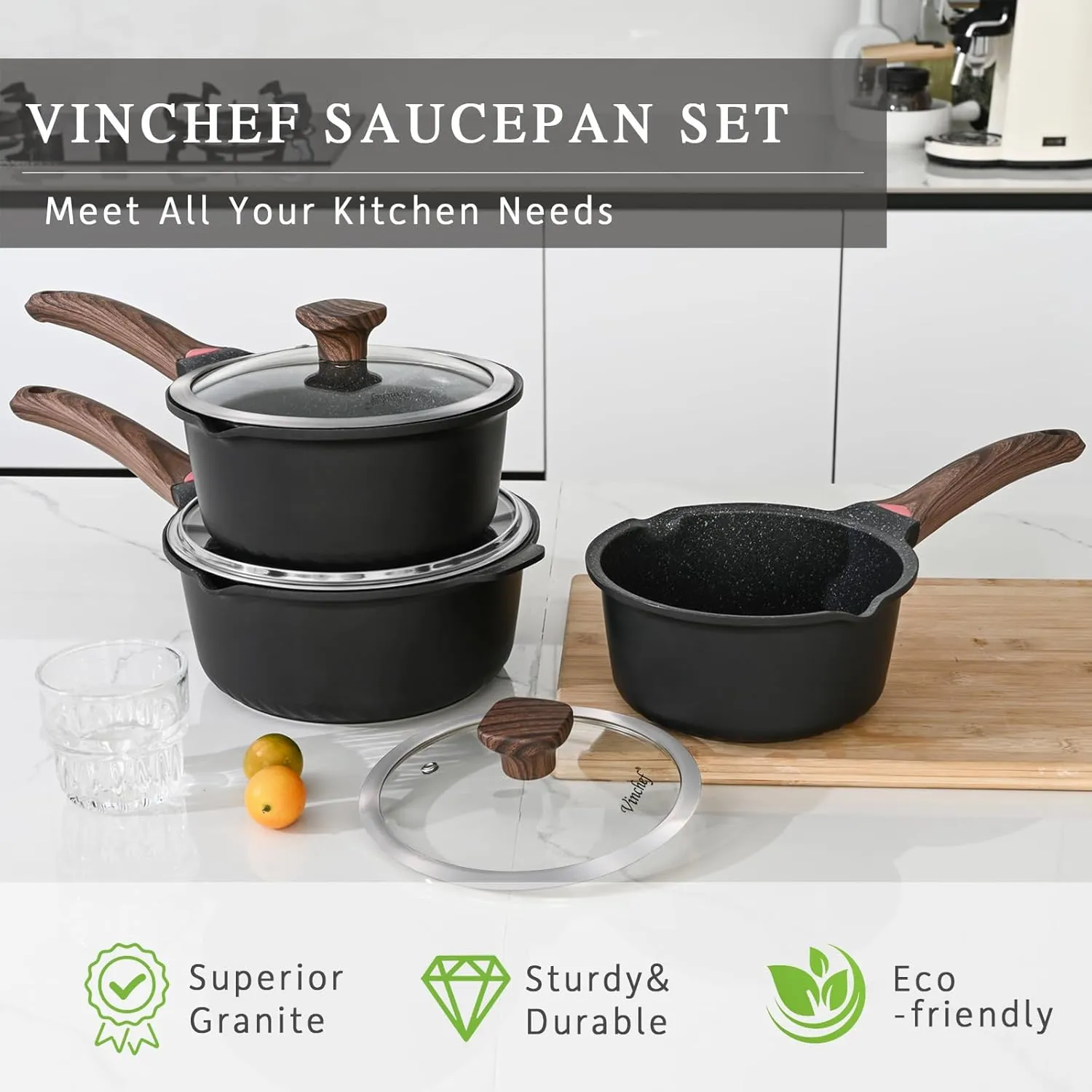 VINCHEF Sauce Pan Set with Lid 10PCS, 2QT 3QT 4QT Non Stick Sauce Pots Cooking Induction Pot set, Silicone Tools and Pot Protectors, PFAS and PFOA Free Black