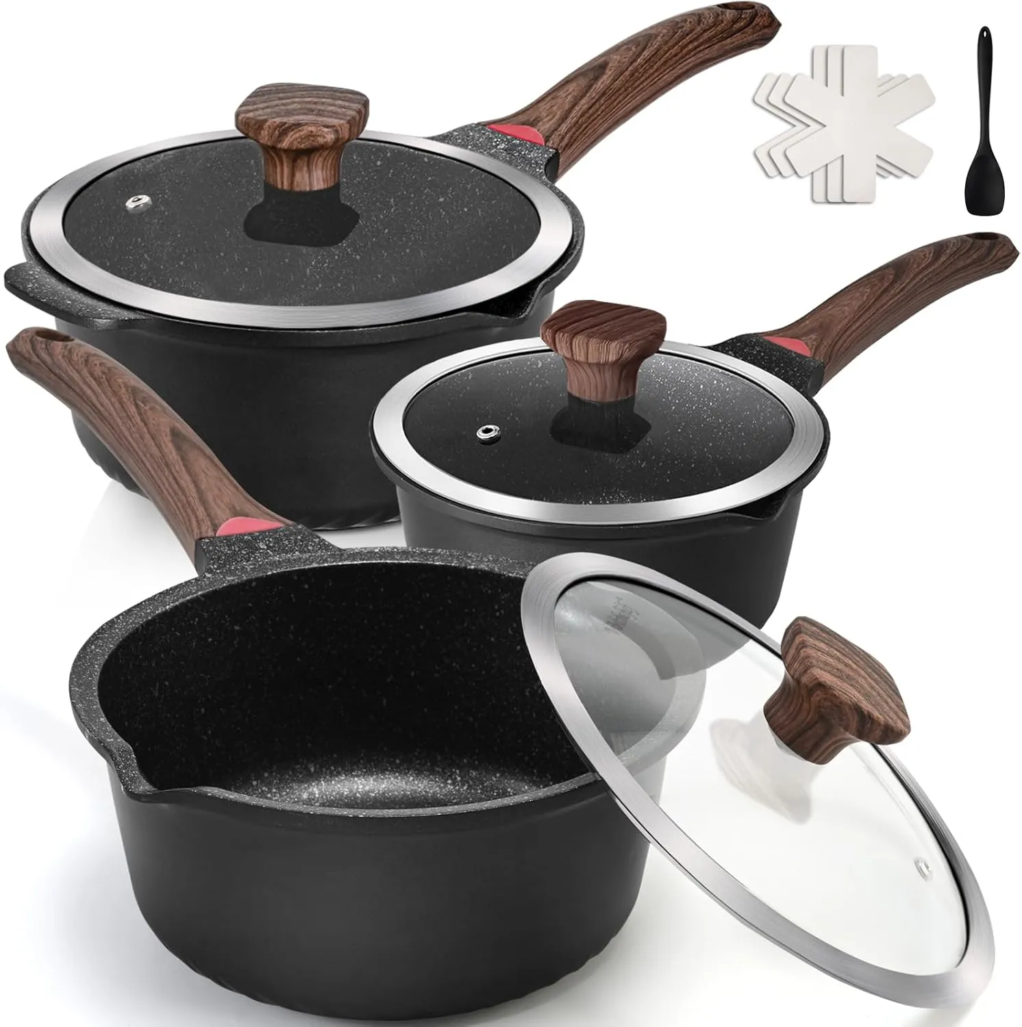 VINCHEF Sauce Pan Set with Lid 10PCS, 2QT 3QT 4QT Non Stick Sauce Pots Cooking Induction Pot set, Silicone Tools and Pot Protectors, PFAS and PFOA Free Black