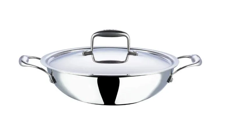 Vinod Platinum Triply Stainless Steel Deep Kadai with Lid -28cm (3.7L) (Induction Friendly)