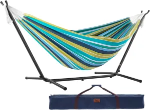 Vivere Double Cotton Hammock with Space Saving Steel Stand, Upgraded Polyester End Strings 450 lb Capacity - Premium Carry Bag Included - USA Grown Cotton (Cayo Reef)