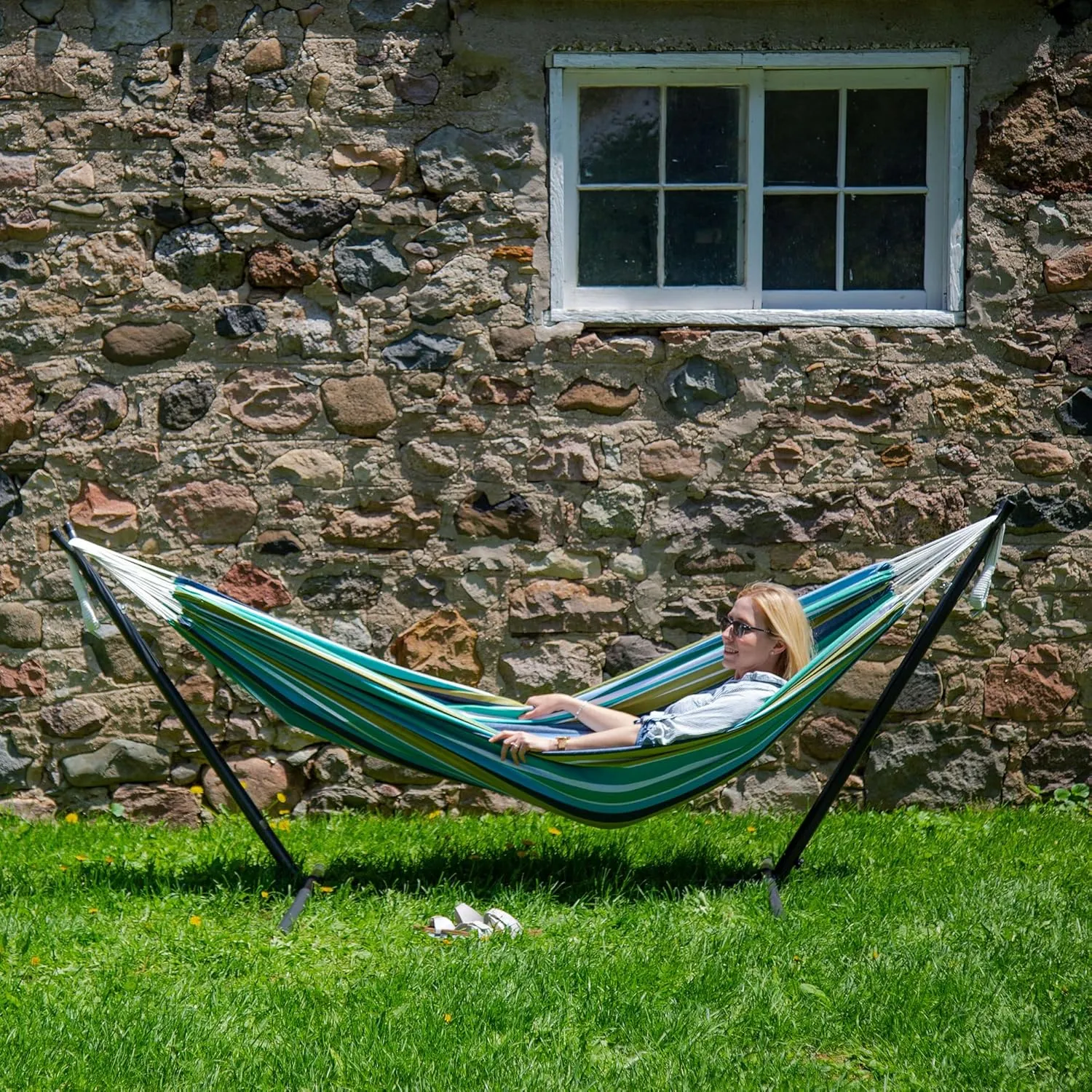 Vivere Double Cotton Hammock with Space Saving Steel Stand, Upgraded Polyester End Strings 450 lb Capacity - Premium Carry Bag Included - USA Grown Cotton (Cayo Reef)