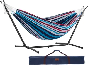 Vivere Double Cotton Hammock with Space Saving Steel Stand, Upgraded Polyester End Strings 450 lb Capacity - Premium Carry Bag Included - USA Grown Cotton (Denim)