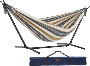 Vivere Double Cotton Hammock with Space Saving Steel Stand, Upgraded Polyester End Strings 450 lb Capacity - Premium Carry Bag Included - USA Grown Cotton (Desert Moon)