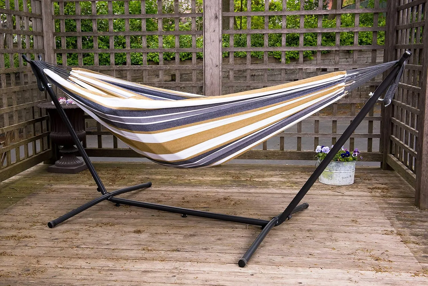 Vivere Double Cotton Hammock with Space Saving Steel Stand, Upgraded Polyester End Strings 450 lb Capacity - Premium Carry Bag Included - USA Grown Cotton (Desert Moon)