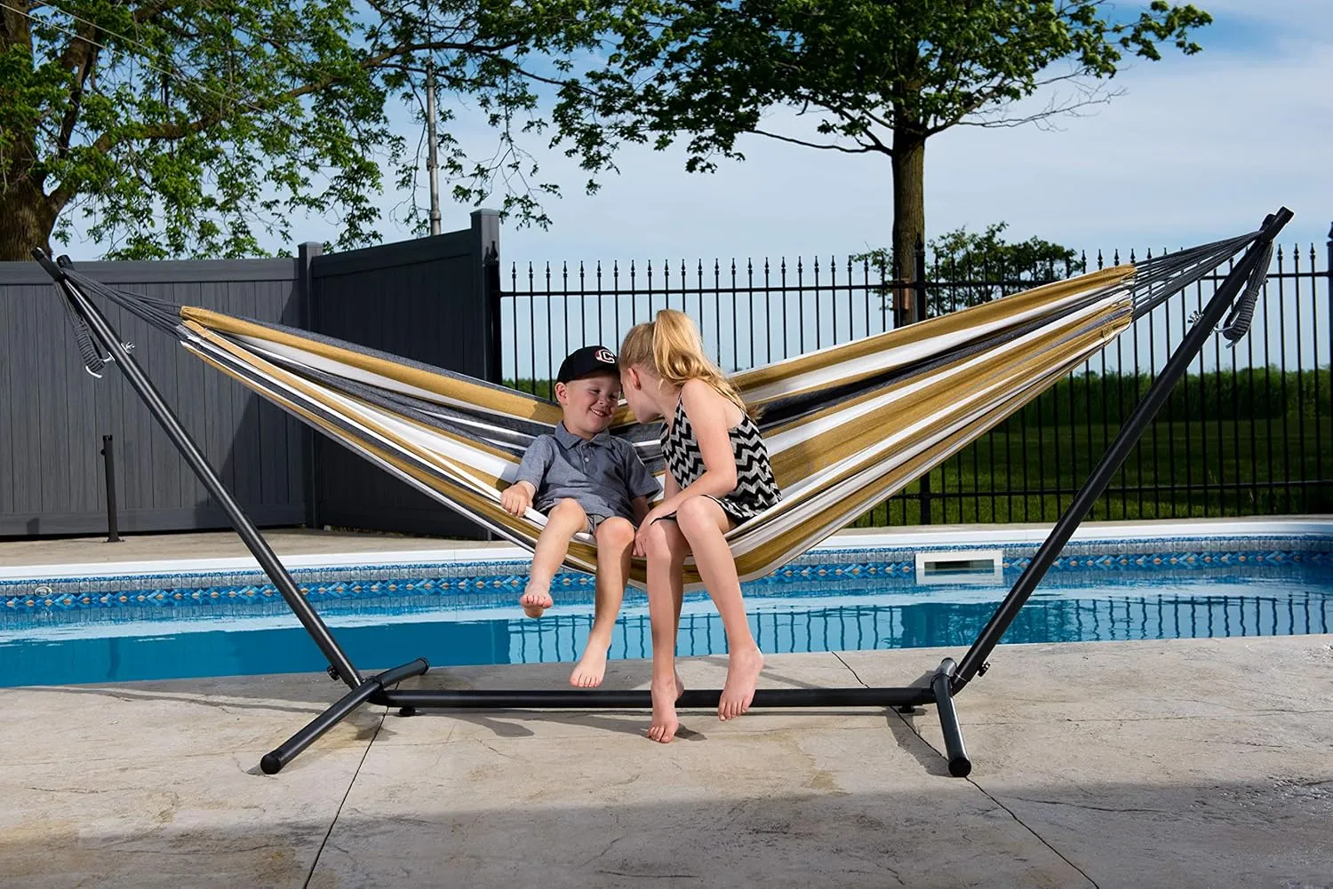 Vivere Double Cotton Hammock with Space Saving Steel Stand, Upgraded Polyester End Strings 450 lb Capacity - Premium Carry Bag Included - USA Grown Cotton (Desert Moon)