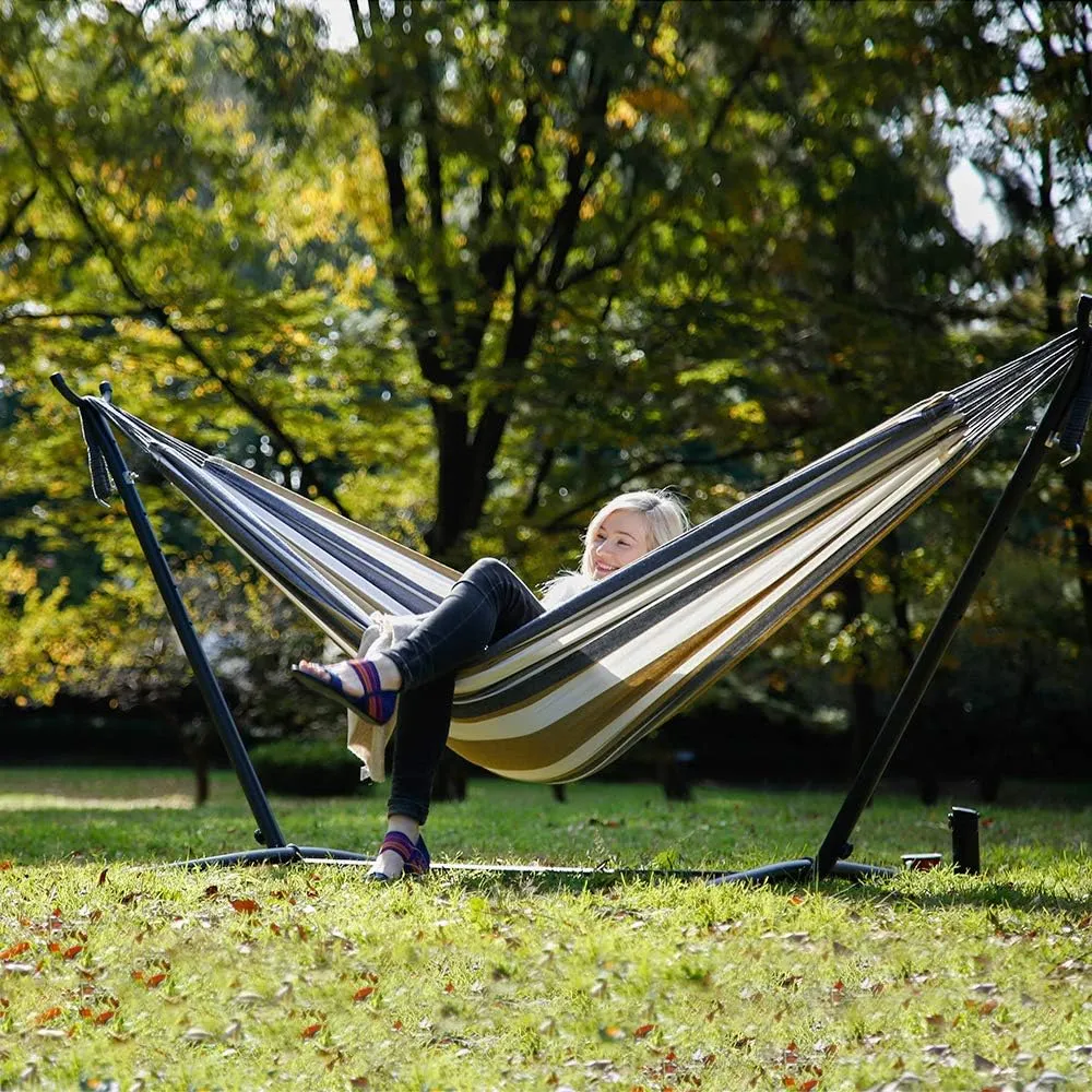 Vivere Double Cotton Hammock with Space Saving Steel Stand, Upgraded Polyester End Strings 450 lb Capacity - Premium Carry Bag Included - USA Grown Cotton (Desert Moon)