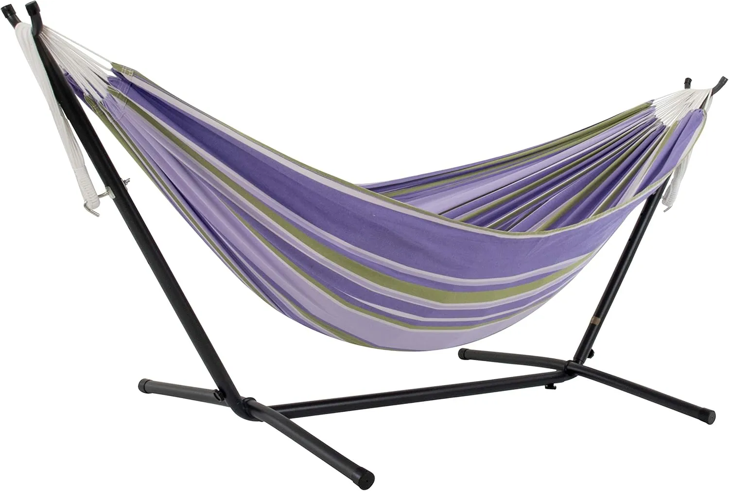 Vivere Double Cotton Hammock with Space Saving Steel Stand, Upgraded Polyester End Strings 450 lb Capacity - Premium Carry Bag Included - USA Grown Cotton (Tranquility)