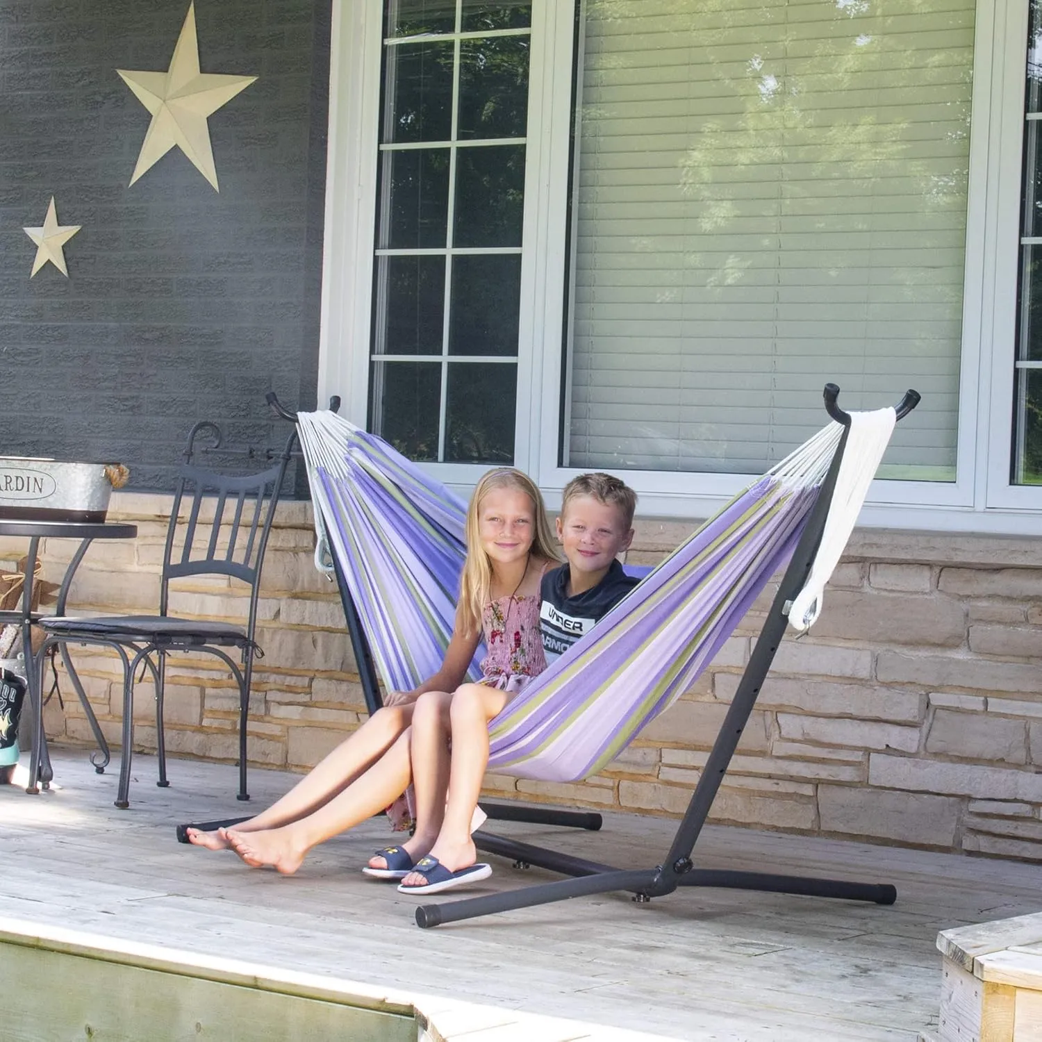 Vivere Double Cotton Hammock with Space Saving Steel Stand, Upgraded Polyester End Strings 450 lb Capacity - Premium Carry Bag Included - USA Grown Cotton (Tranquility)