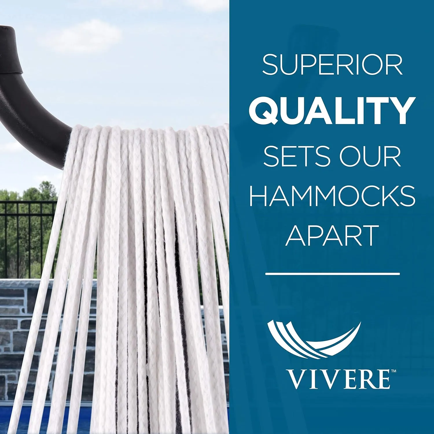 Vivere Double Cotton Hammock with Space Saving Steel Stand, Upgraded Polyester End Strings 450 lb Capacity - Premium Carry Bag Included - USA Grown Cotton (Tranquility)
