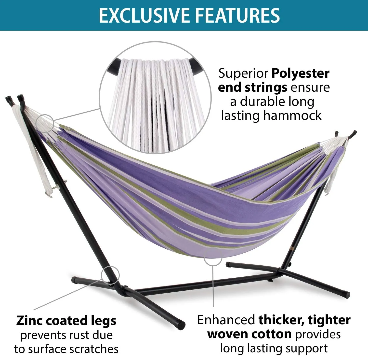 Vivere Double Cotton Hammock with Space Saving Steel Stand, Upgraded Polyester End Strings 450 lb Capacity - Premium Carry Bag Included - USA Grown Cotton (Tranquility)