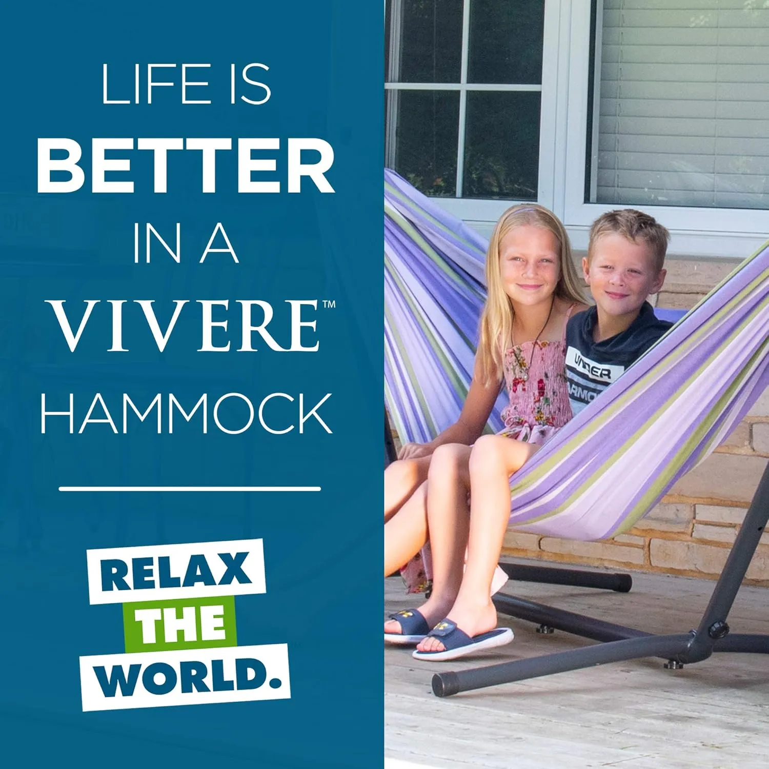 Vivere Double Cotton Hammock with Space Saving Steel Stand, Upgraded Polyester End Strings 450 lb Capacity - Premium Carry Bag Included - USA Grown Cotton (Tranquility)