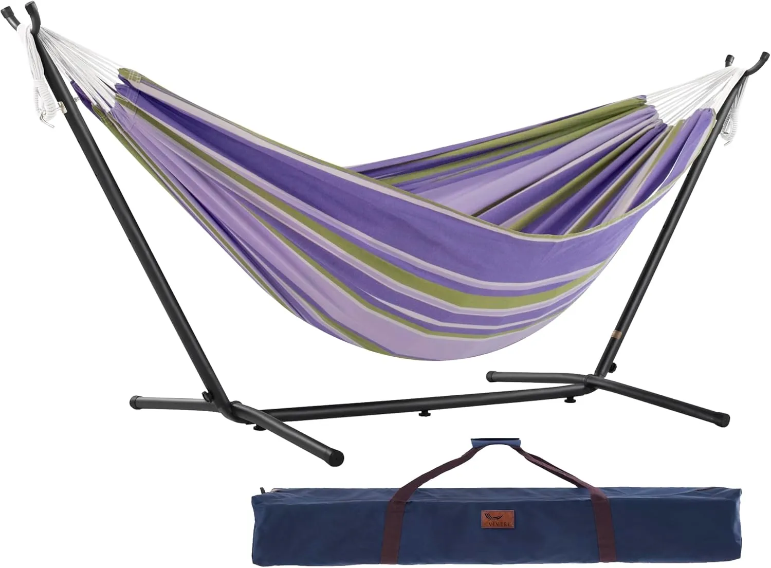 Vivere Double Cotton Hammock with Space Saving Steel Stand, Upgraded Polyester End Strings 450 lb Capacity - Premium Carry Bag Included - USA Grown Cotton (Tranquility)