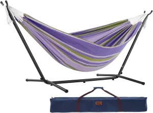 Vivere Double Cotton Hammock with Space Saving Steel Stand, Upgraded Polyester End Strings 450 lb Capacity - Premium Carry Bag Included - USA Grown Cotton (Tranquility)