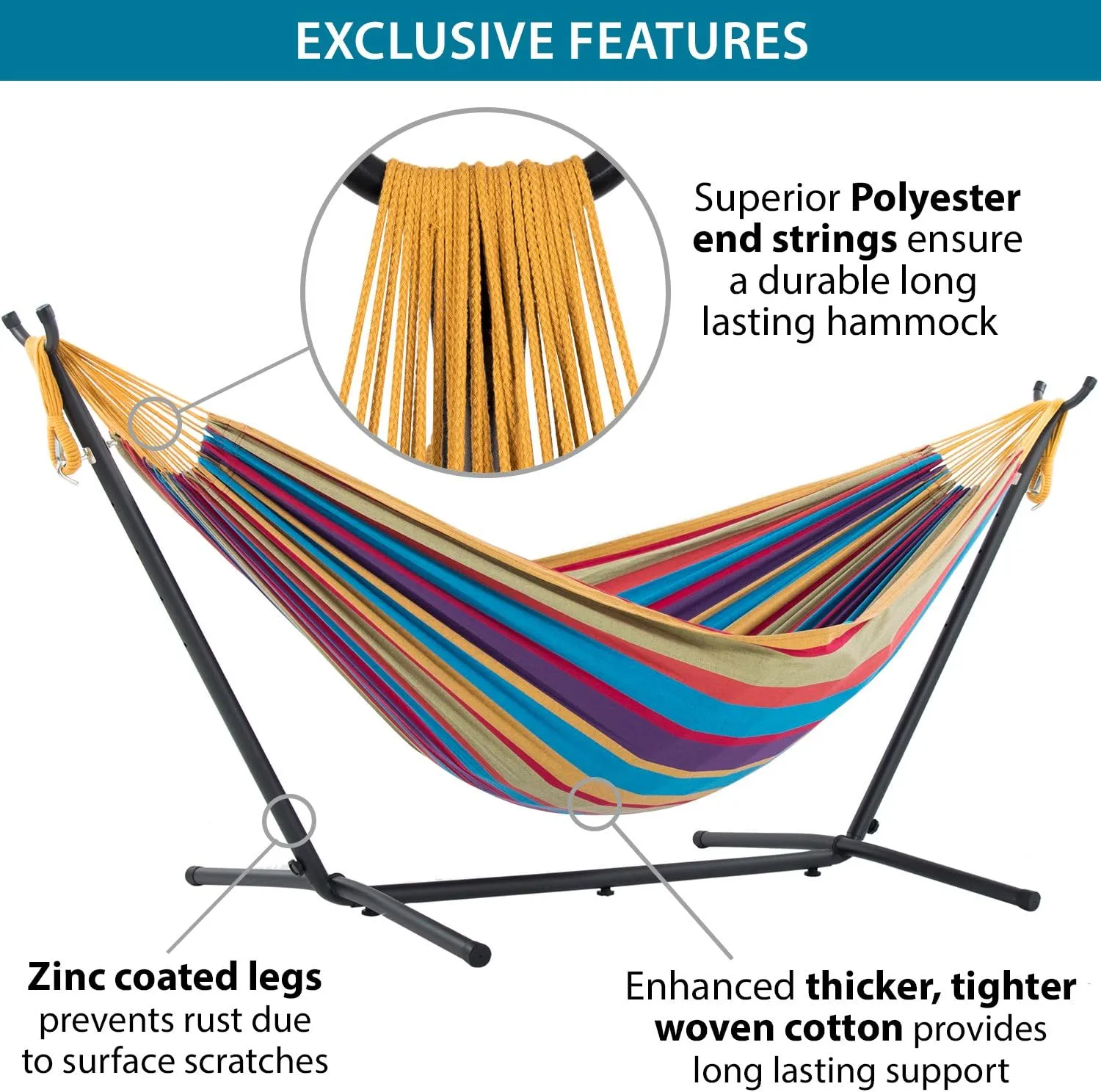 Vivere Double Cotton Hammock with Space Saving Steel Stand, Upgraded Polyester End Strings 450 lb Capacity - Premium Carry Bag Included - USA Grown Cotton (Tropical)