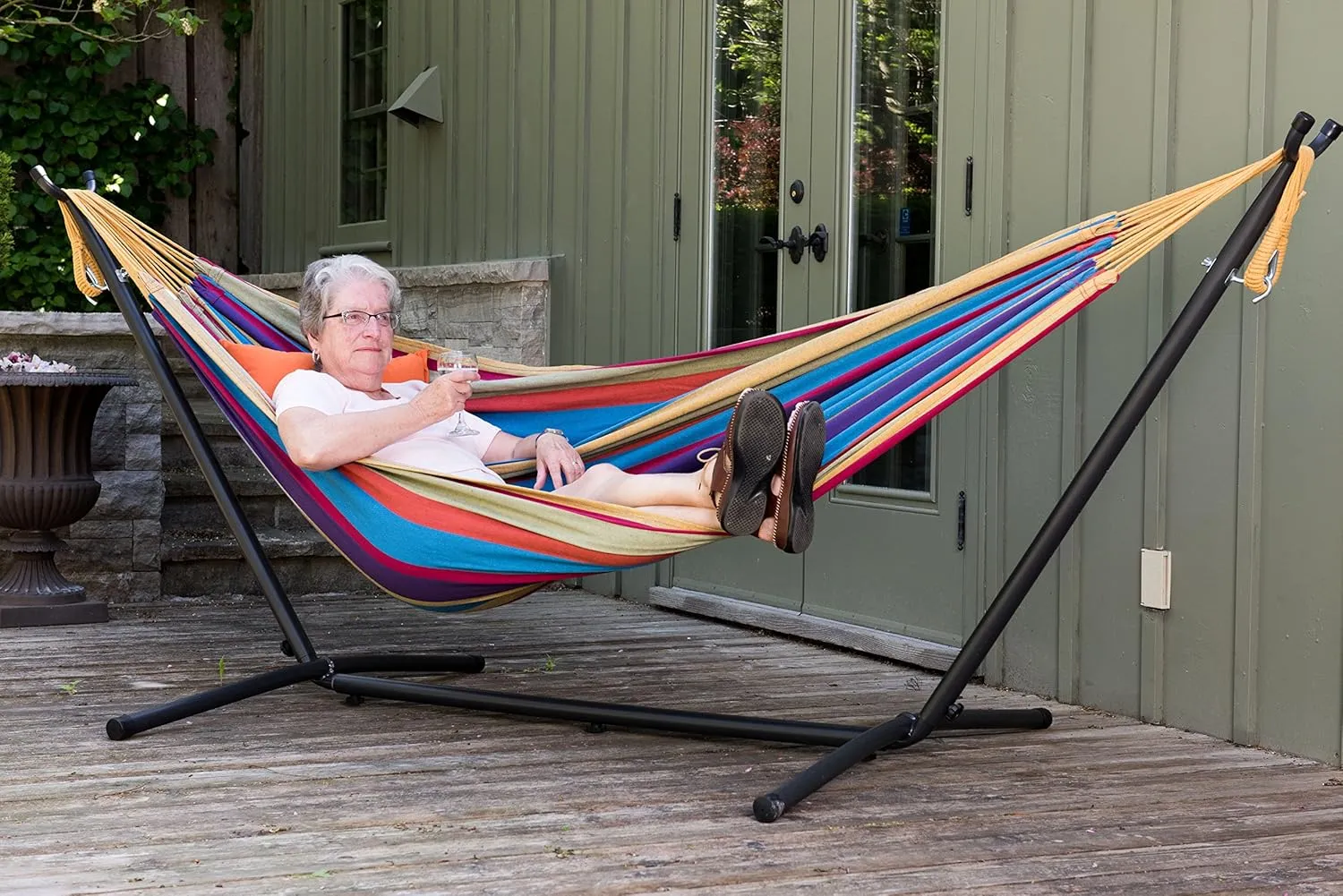 Vivere Double Cotton Hammock with Space Saving Steel Stand, Upgraded Polyester End Strings 450 lb Capacity - Premium Carry Bag Included - USA Grown Cotton (Tropical)