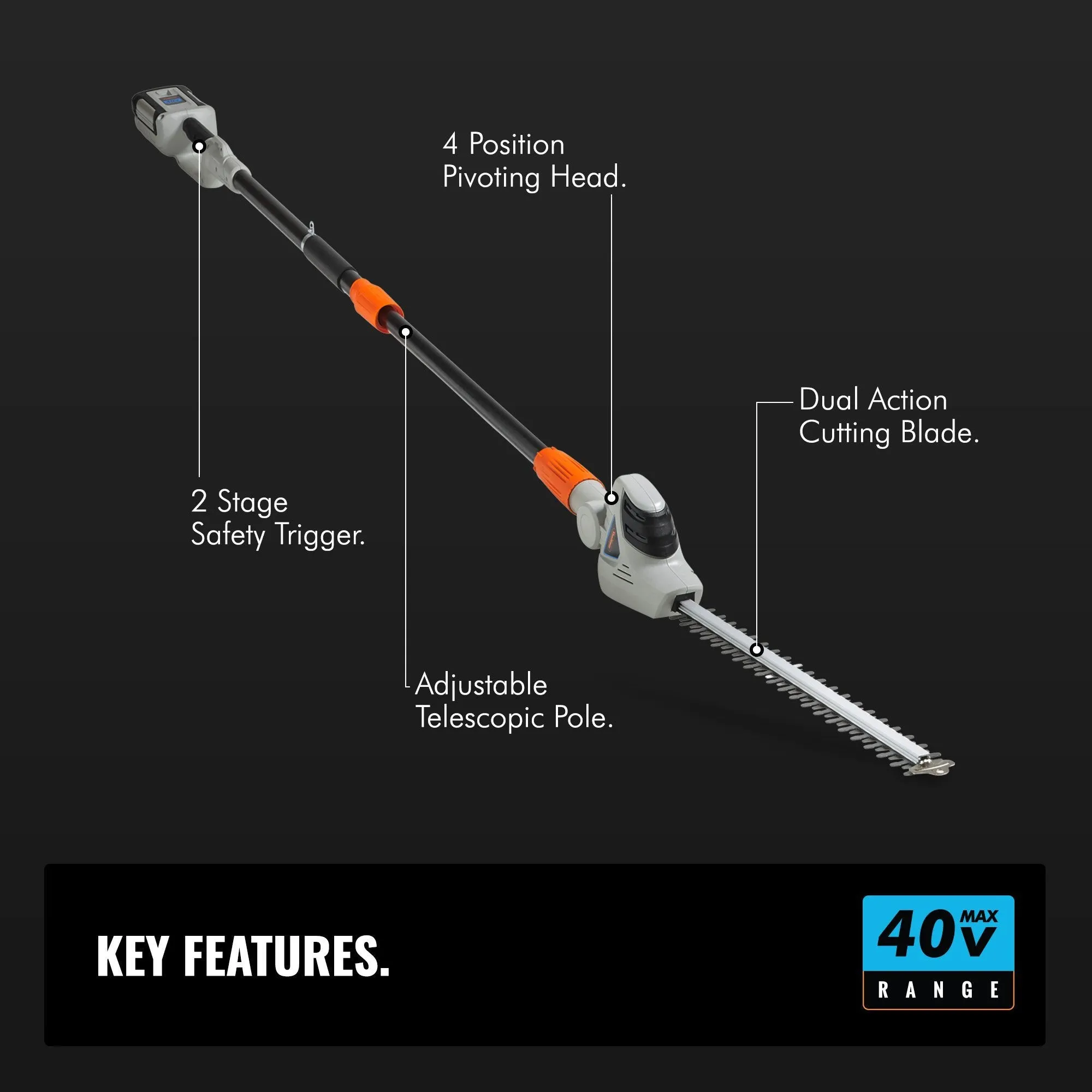 VonHaus 40V Max Cordless 20" Pole Hedge Trimmer with 83.8" to 107.5" Telescopic Extension - Includes 2.0Ah Battery and Charger