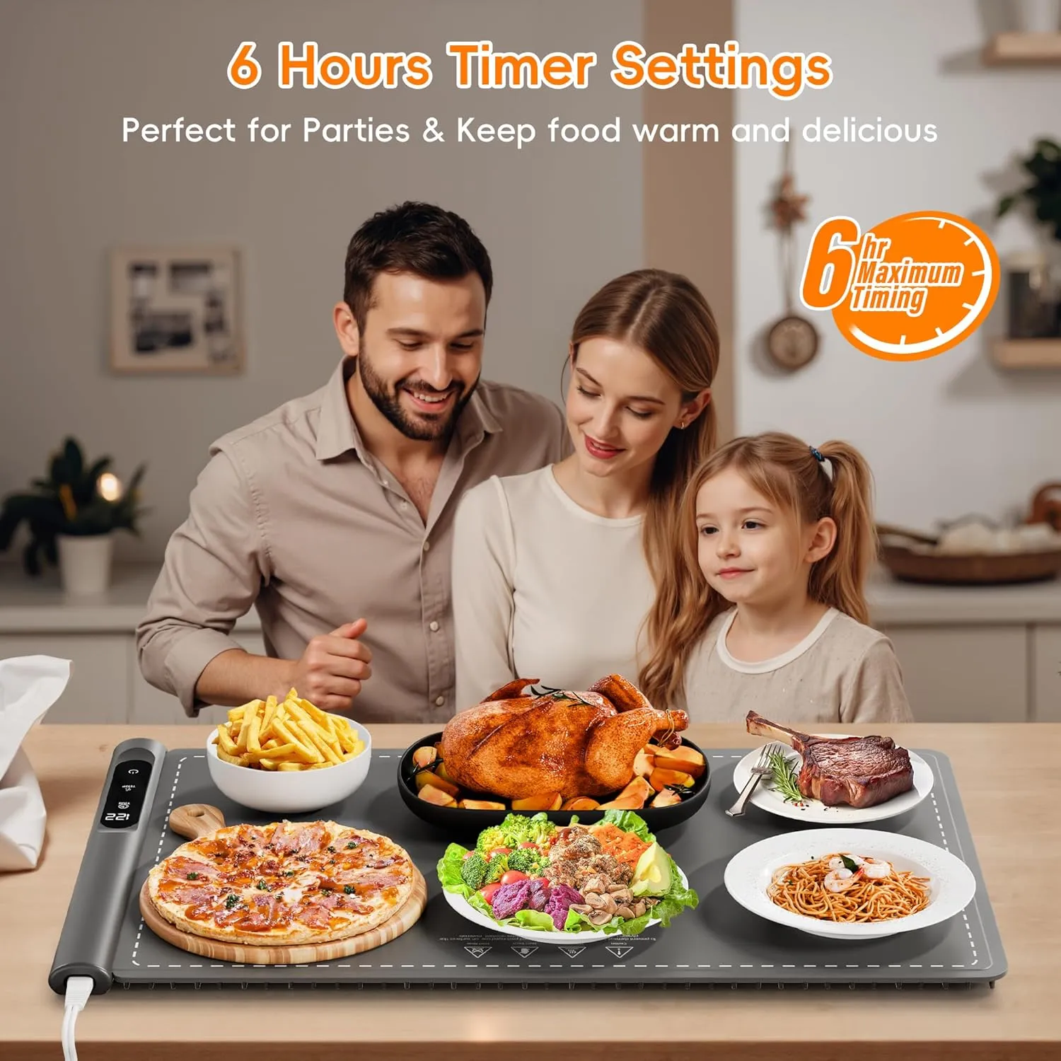 Warming Mat for Food - Graphene Rapid Heating Food Warming Mat for Countertop, Portable Electric Warming Tray for Parties with 6 Temperature Levels, Practical Gifts for Mom Wife, Gray