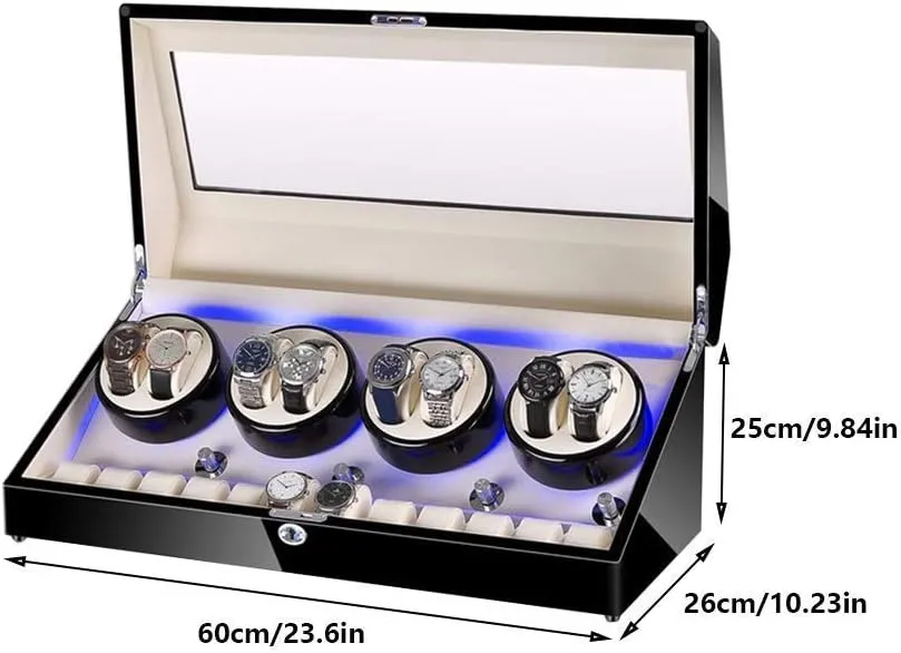 Watch Winder for 8 Watches   12 Storage, LED Light, Wood Shell Piano Paint Exterior, Leather Interior, Extremely Silent Motor Watch Winder Storage Display Box (A A)