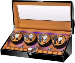 Watch Winder for 8 Watches   12 Storage, LED Light, Wood Shell Piano Paint Exterior, Leather Interior, Extremely Silent Motor Watch Winder Storage Display Box (A A)
