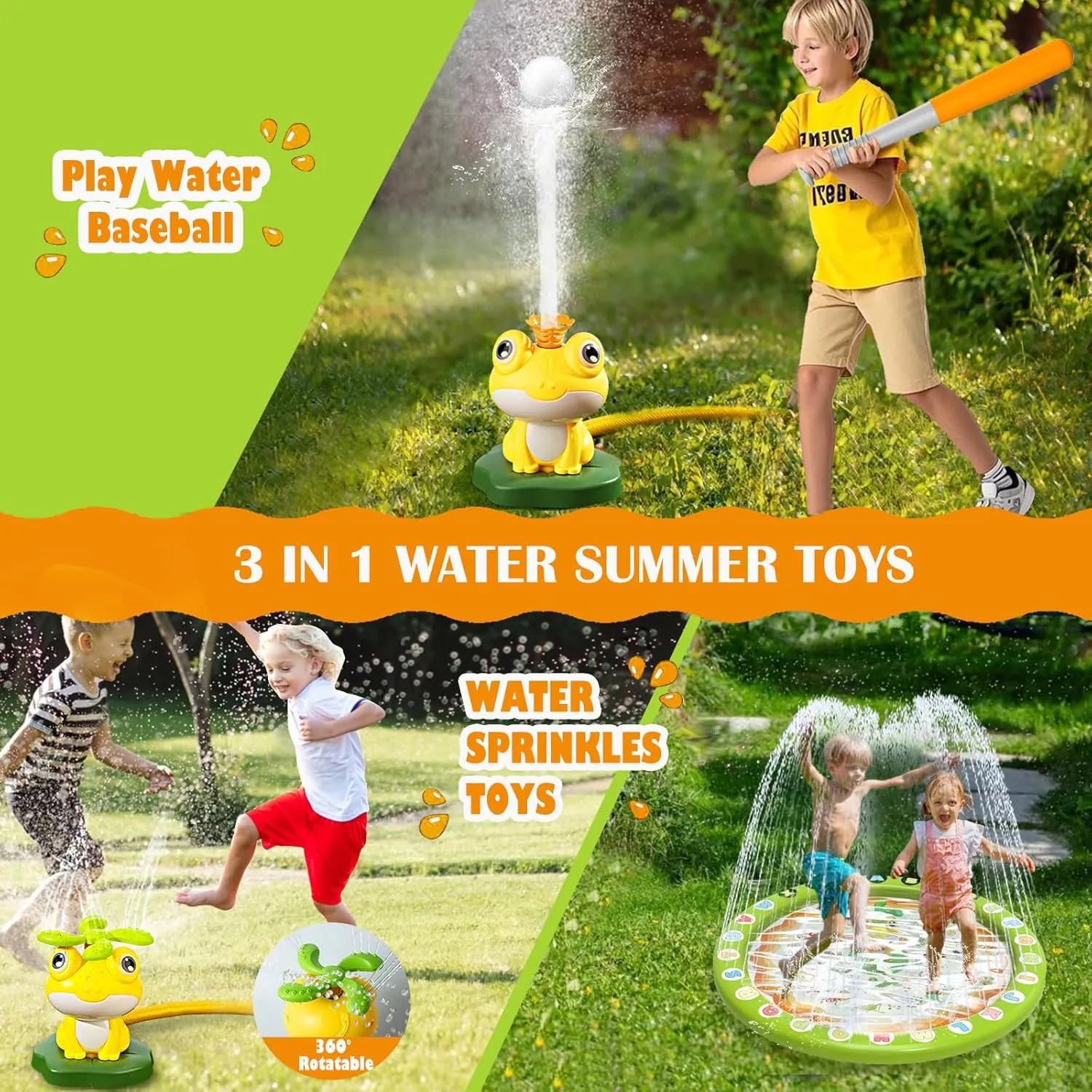 Water Sprinkler Baseball Toy for Kids with Splash Pad Outdoor Toddler Toys Kids with 2 Sprinkler Heads 360° Rotating Spray Water Baseball, Toddler Summer Activities for 3-8 Years Old Boys & Girls