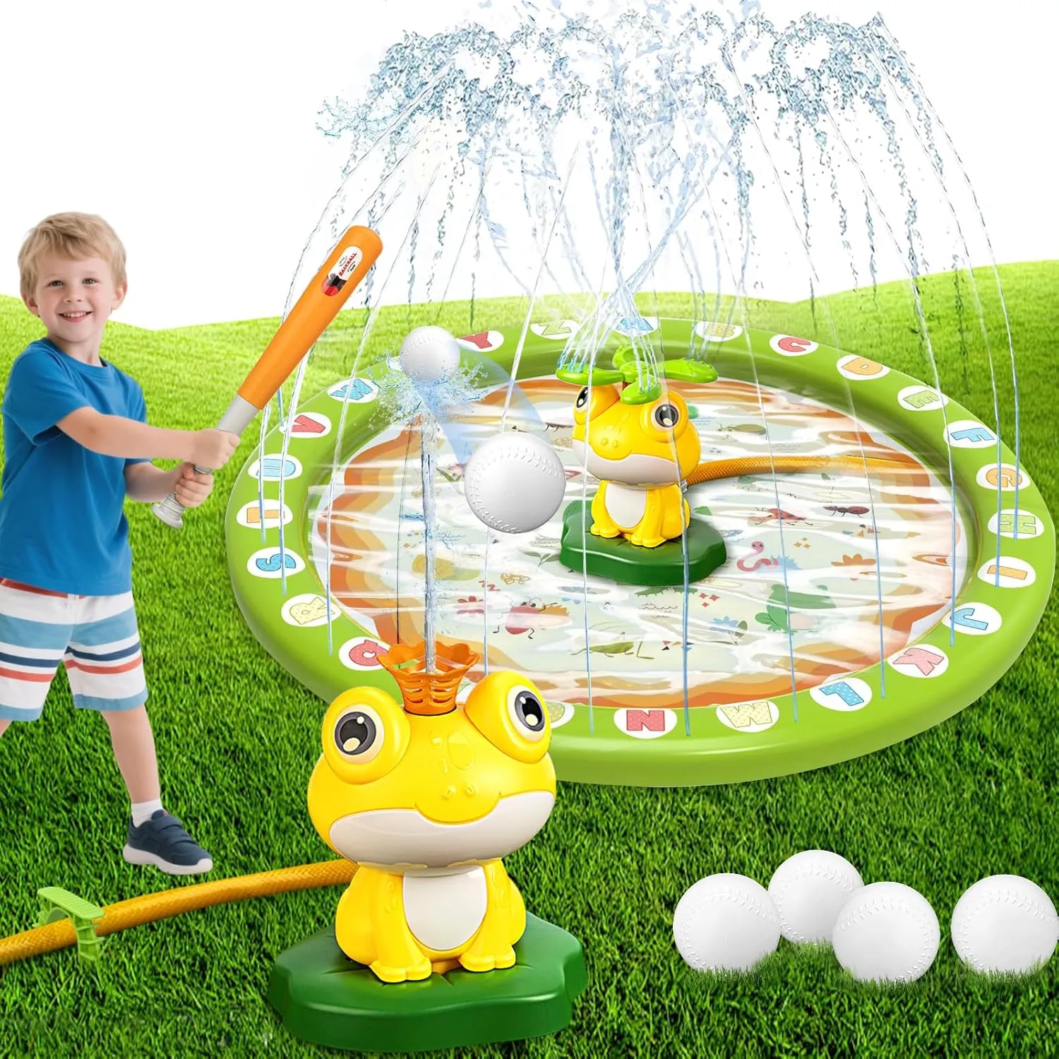 Water Sprinkler Baseball Toy for Kids with Splash Pad Outdoor Toddler Toys Kids with 2 Sprinkler Heads 360° Rotating Spray Water Baseball, Toddler Summer Activities for 3-8 Years Old Boys & Girls