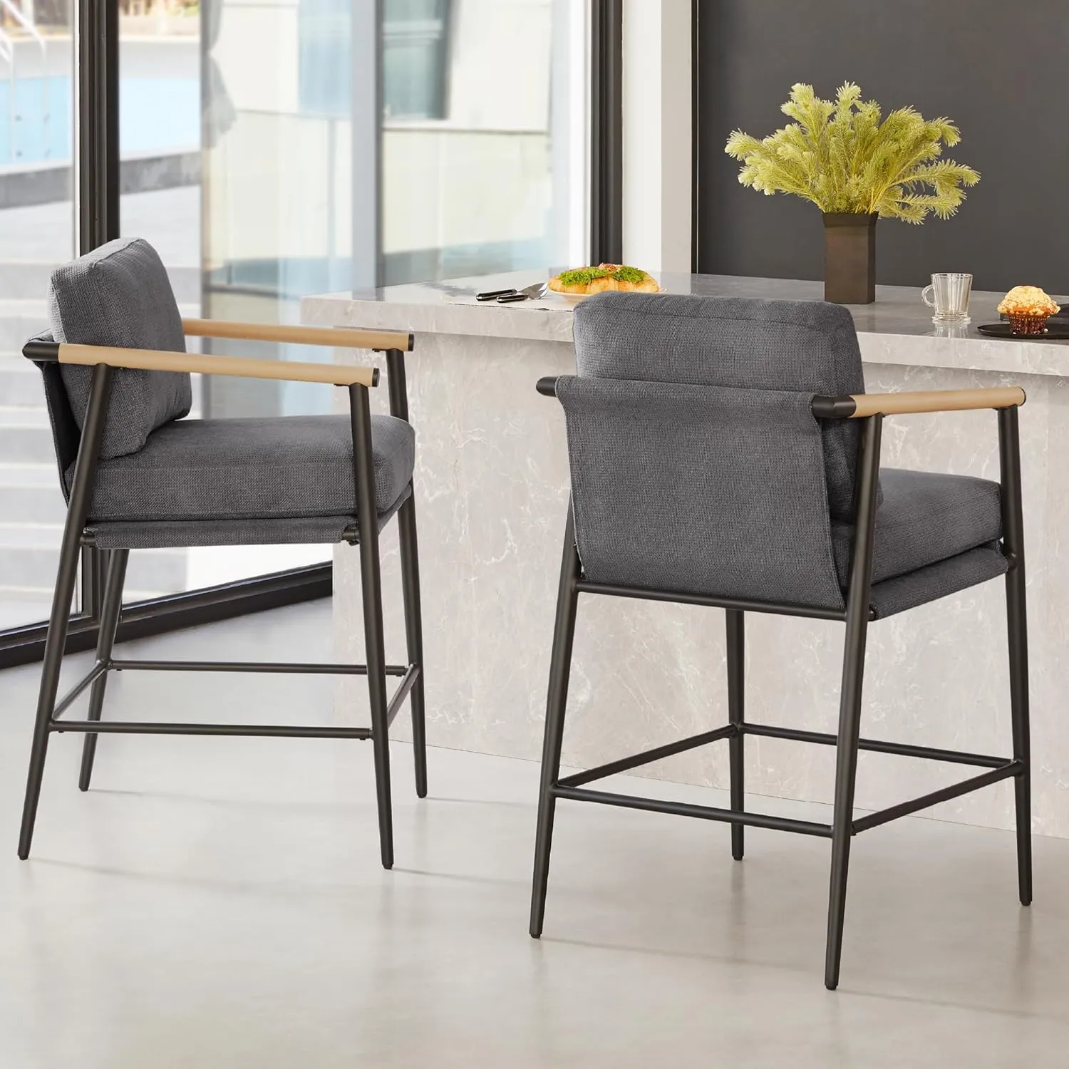 Watson & Whitely Mid Century Modern Barstools Set of 2, 26" H Upholstered Counter Height Bar Stools with Wood Armrests and Metal Legs, Fabric in Grey