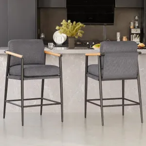 Watson & Whitely Mid Century Modern Barstools Set of 2, 26" H Upholstered Counter Height Bar Stools with Wood Armrests and Metal Legs, Fabric in Grey
