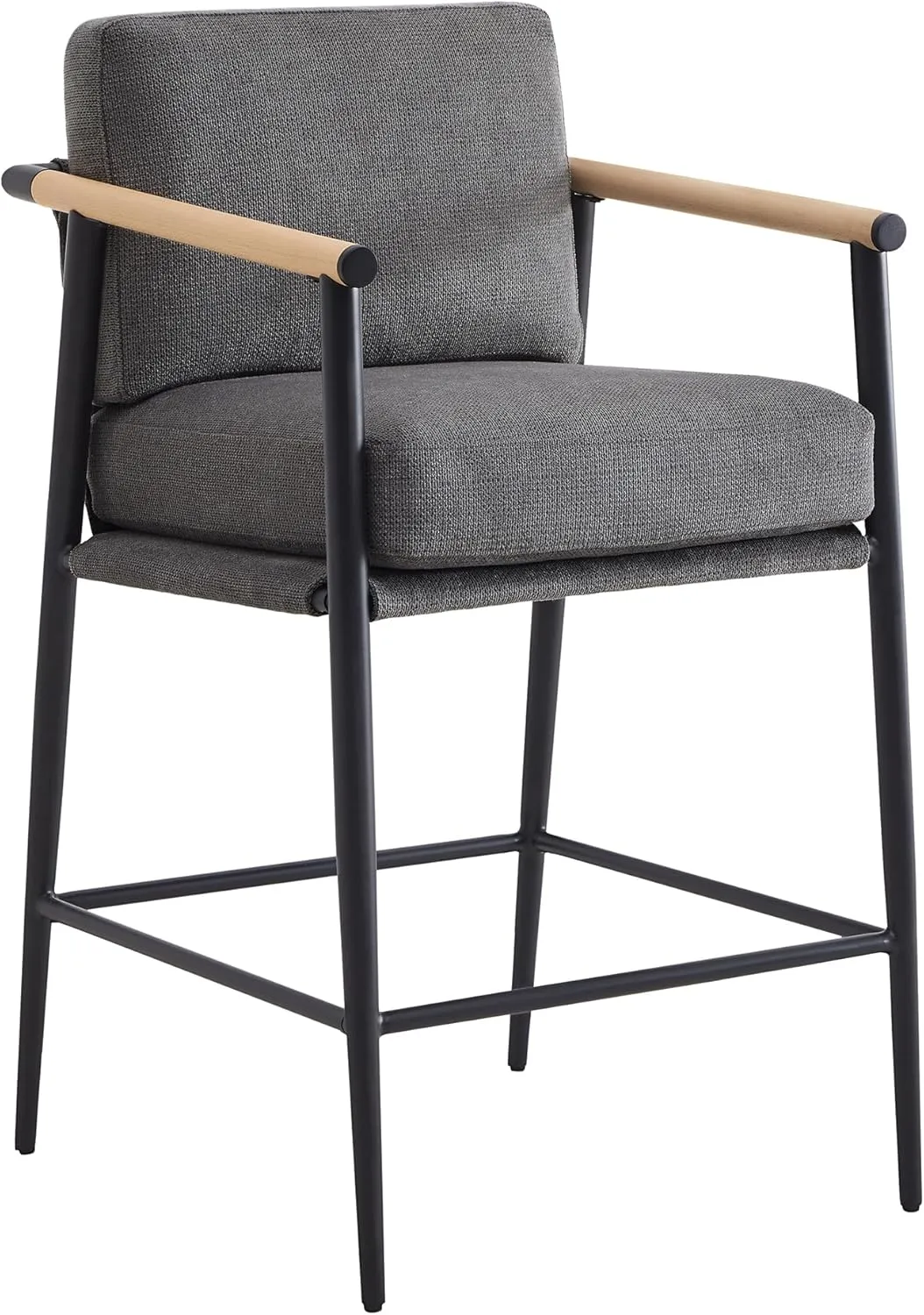 Watson & Whitely Mid Century Modern Barstools Set of 2, 26" H Upholstered Counter Height Bar Stools with Wood Armrests and Metal Legs, Fabric in Grey