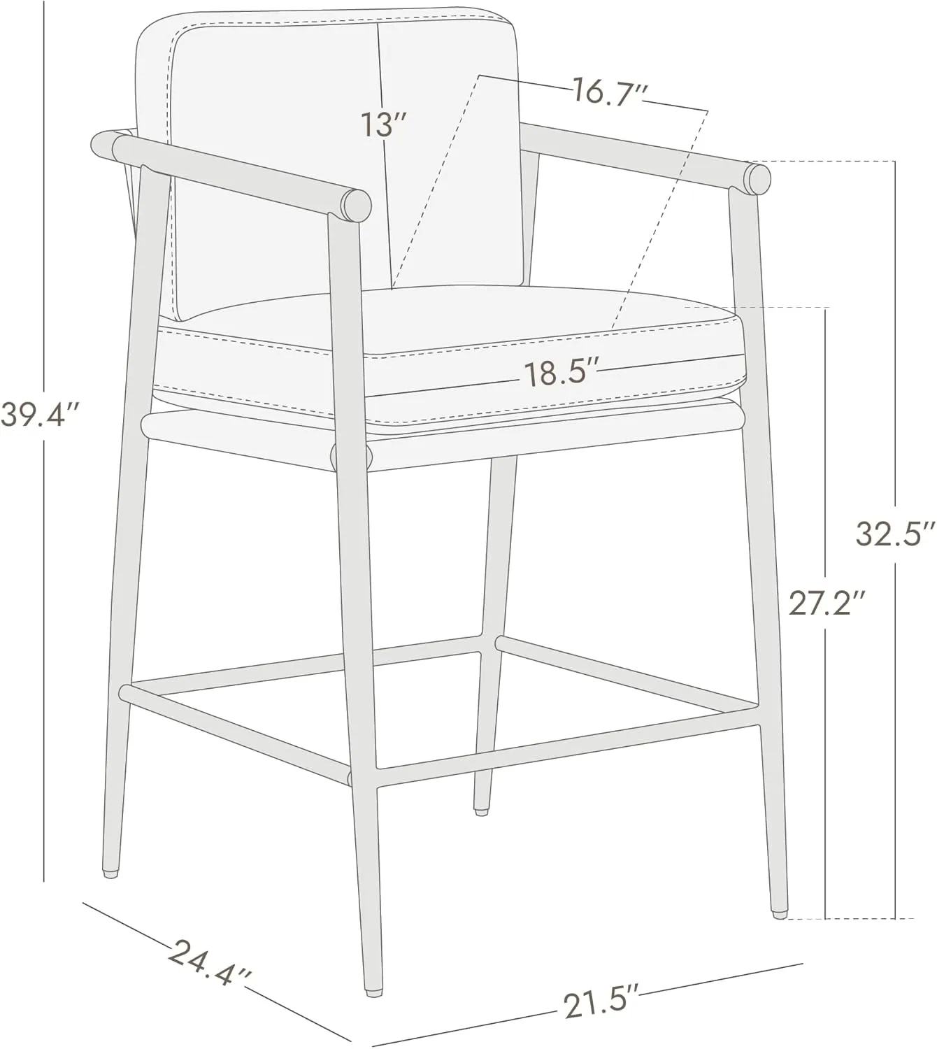 Watson & Whitely Mid Century Modern Barstools Set of 2, 26" H Upholstered Counter Height Bar Stools with Wood Armrests and Metal Legs, Fabric in Grey