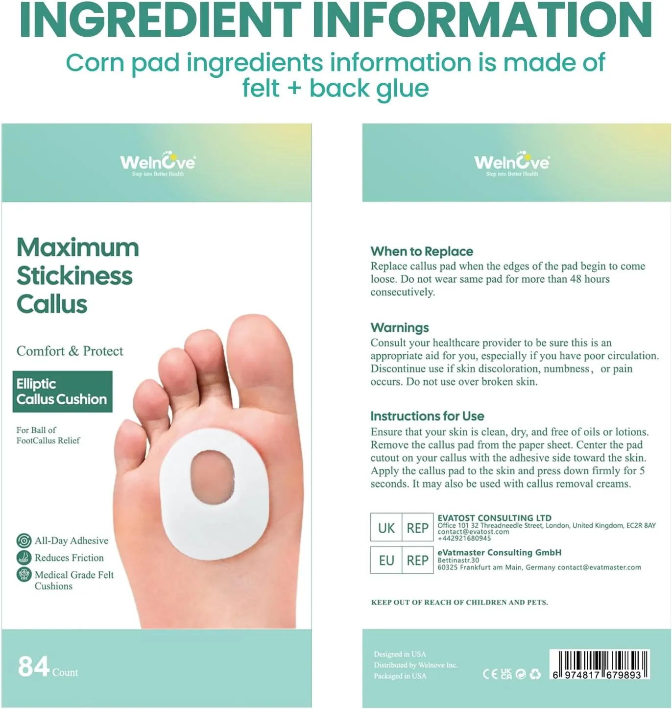 Welnove 84pcs Callus Pad with Water-Resistant Self-Stick Adhesive, Protects Foot, Heel and Toes from Rubbing and Friction,Oval Shape Design,Reduce Pressure and Friction from Shoes Rubbing-White