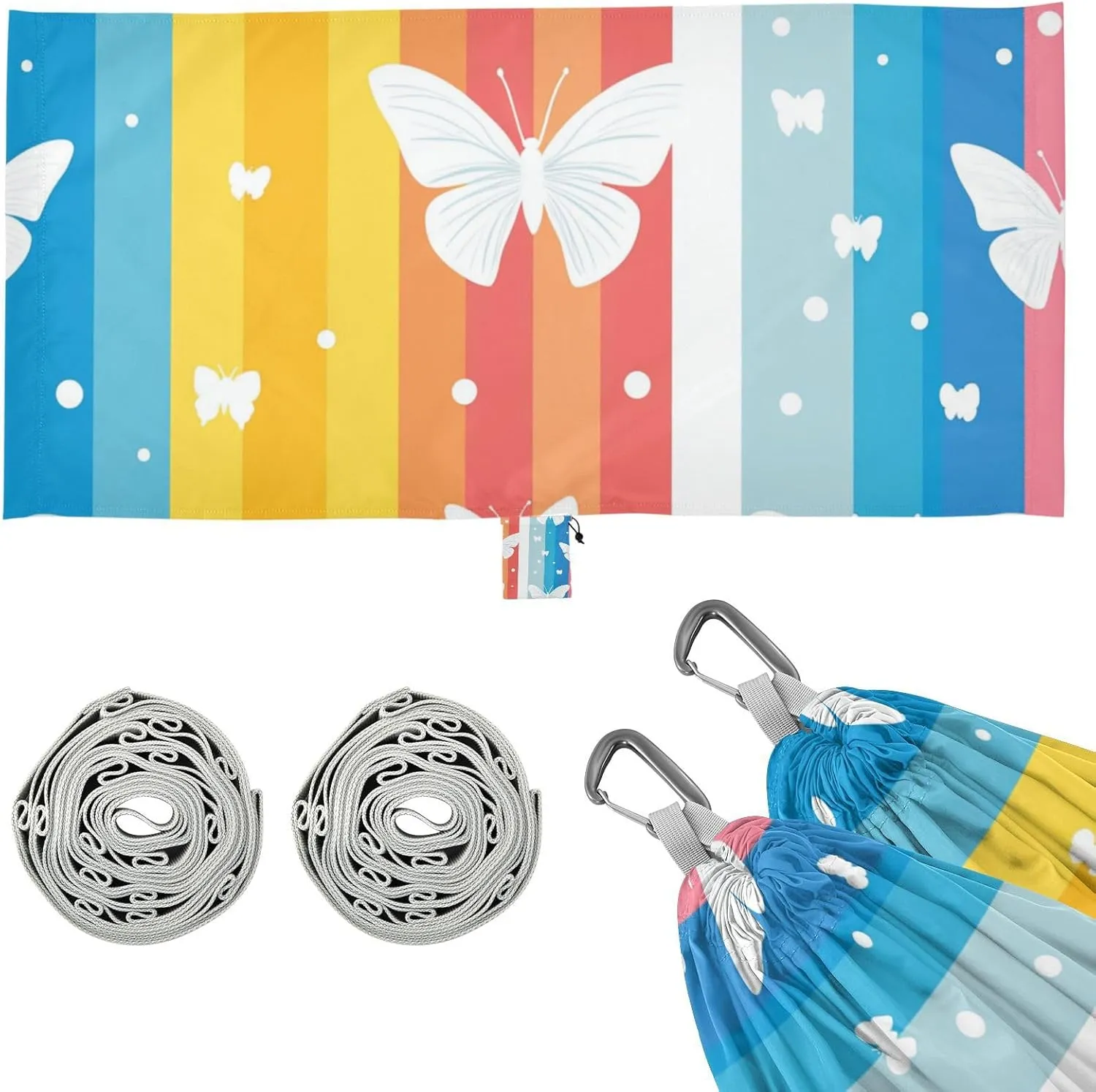White Butterflies and Stripes Outdoor Hammock with Hanging Rope Hanging Hammock for Outside Patio Garden