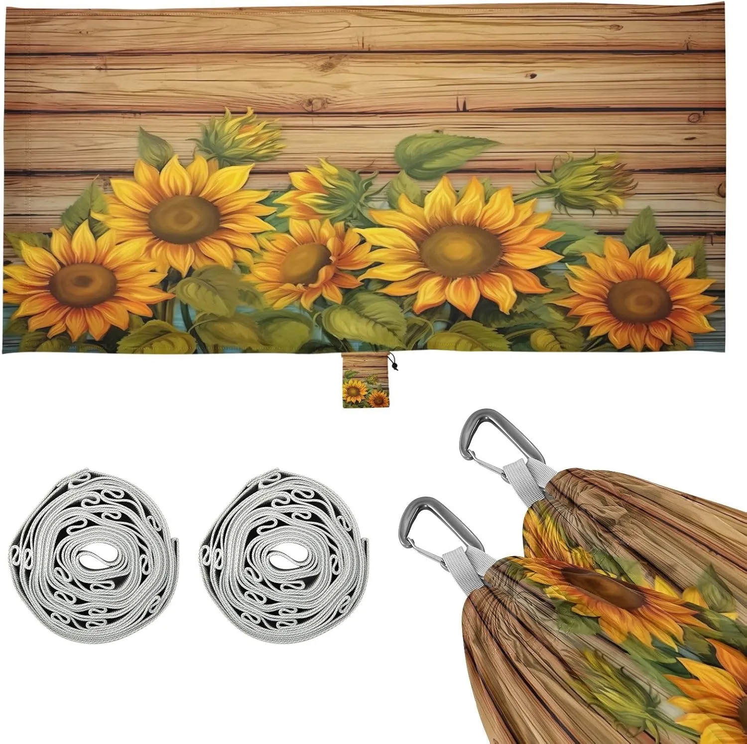 Wood Grain Sunflower Camping Hammock, Single Portable Hammocks with Tree Straps & Attached Carry Bag, 330Lbs Capacity Perfect for Outside Indoor Hiking Beach Backpack Travel